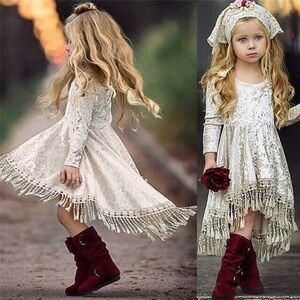 Sayoo Cream Girls Kids Childrens Toddler Soft Velvet Hi Low Dress w/Fringe
